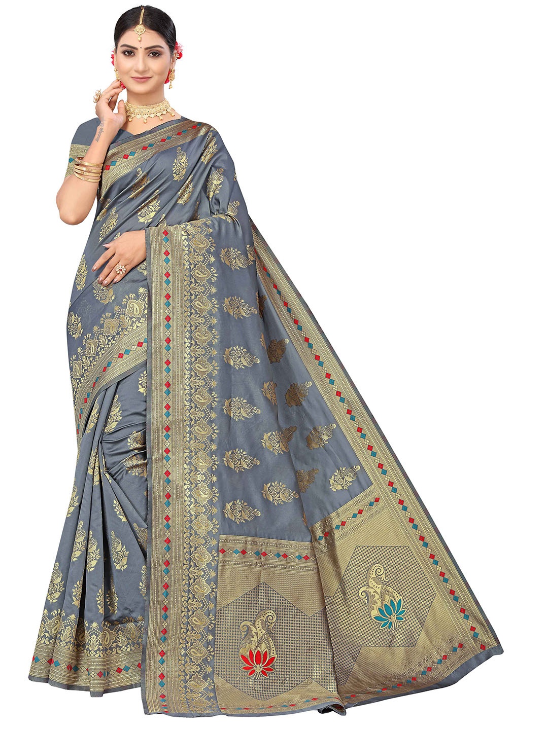 

MANVAA Ethnic Motifs Woven Design Zari Saree, Grey