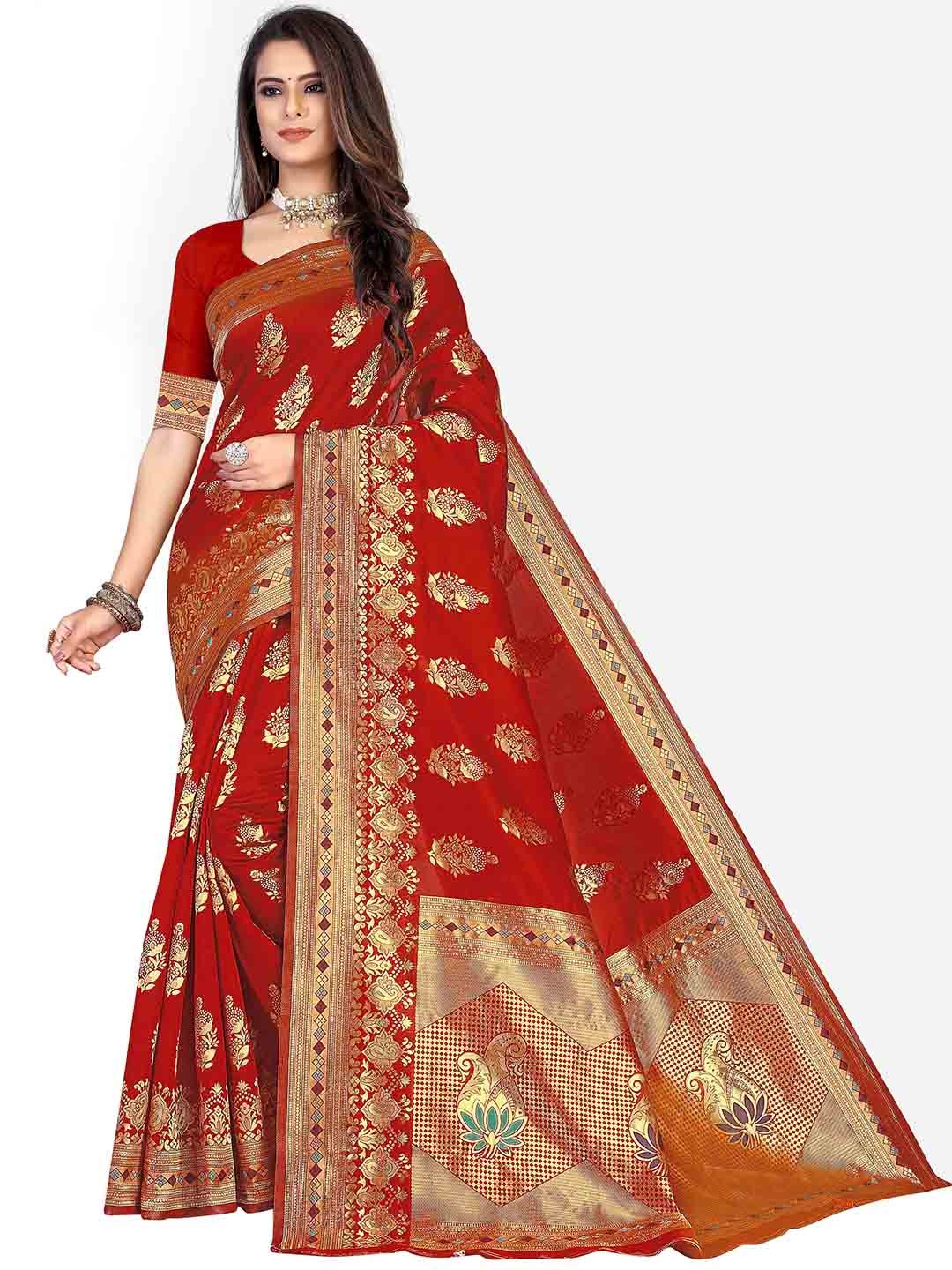 

MANVAA Ethnic Motifs Woven Design Zari Banarasi Saree, Red