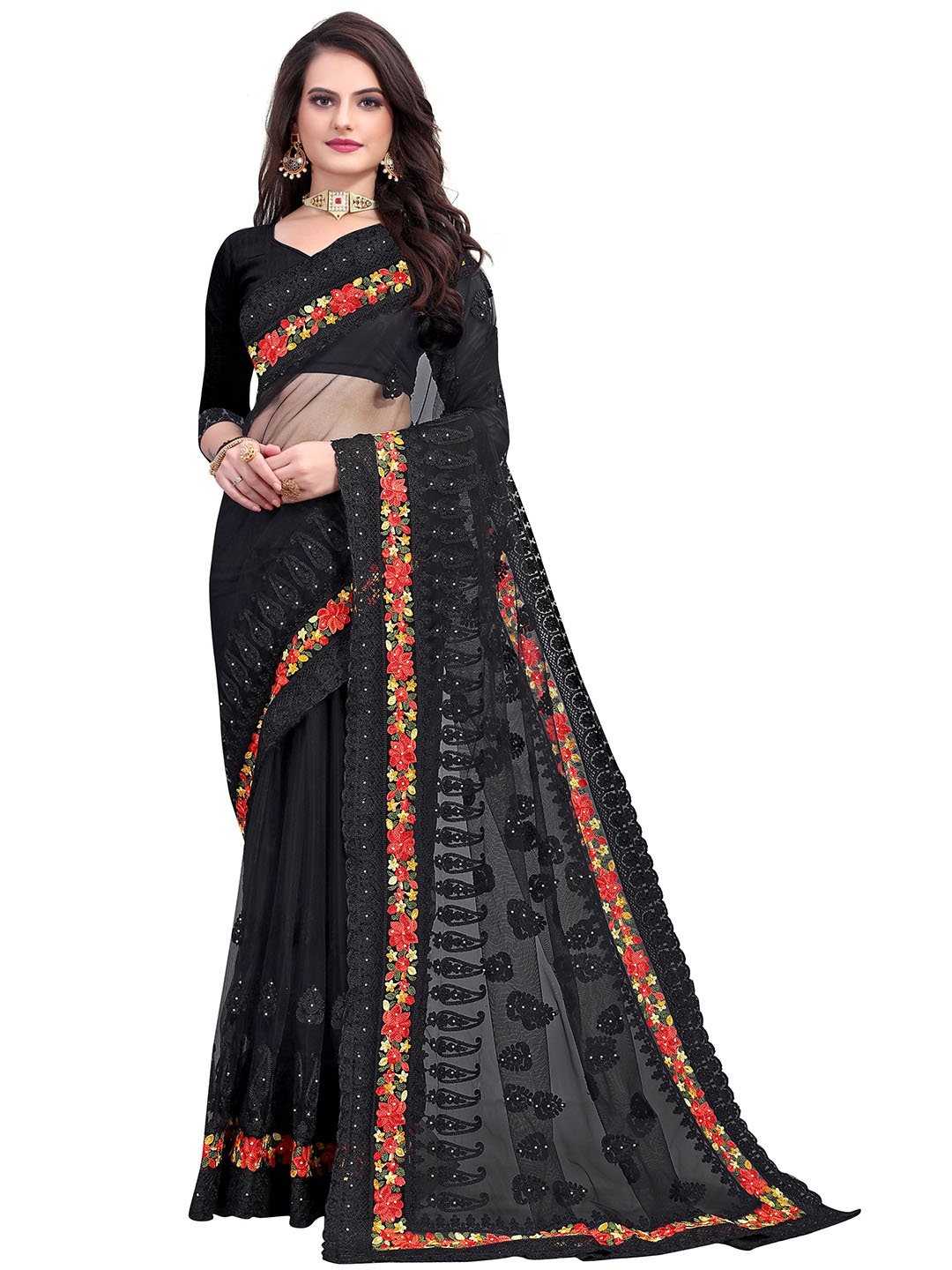 

MANVAA Black & Red Ethnic Motifs Embroidered Net Saree