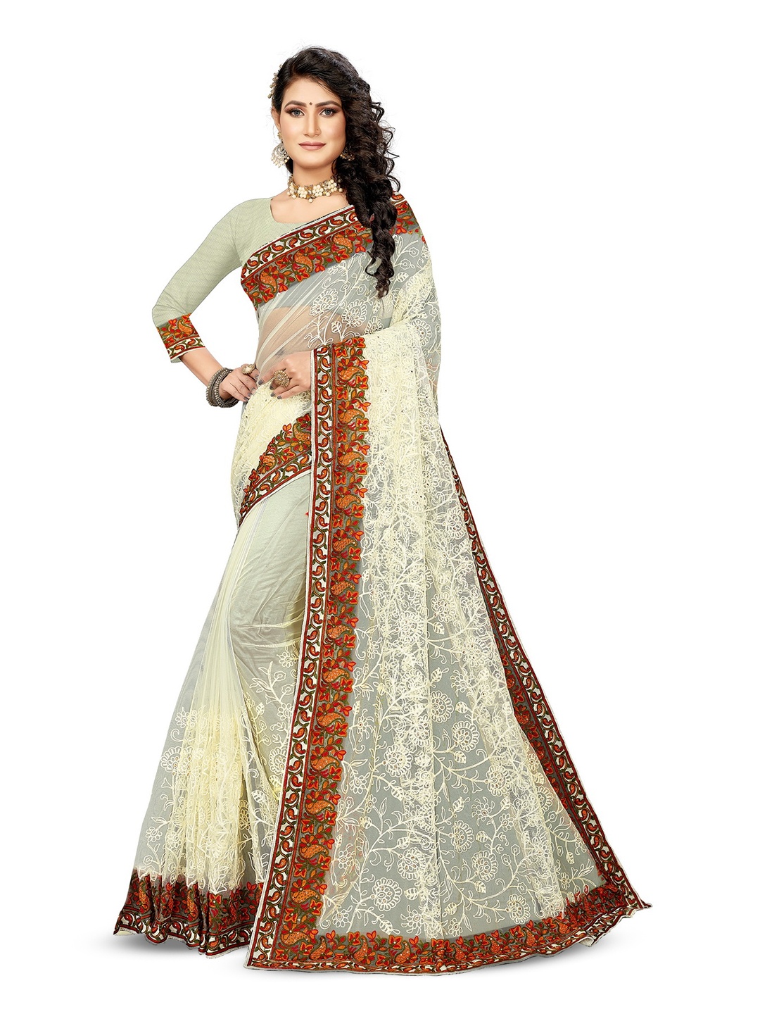

MANVAA Floral Embroidered Beads And Stones Work Net Saree, Cream