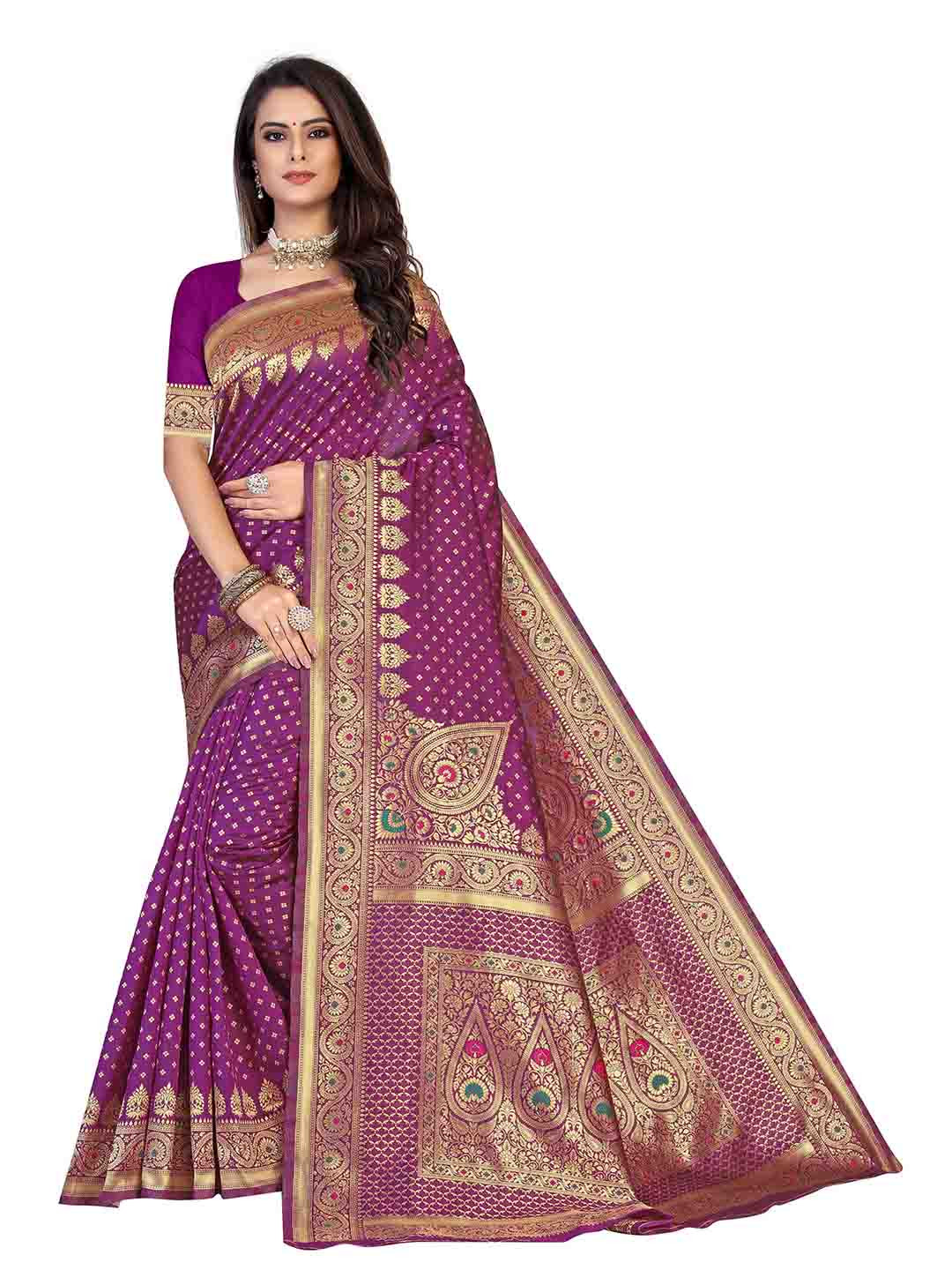 

MANVAA Ethnic Motifs Woven Design Zari Banarasi Saree, Purple