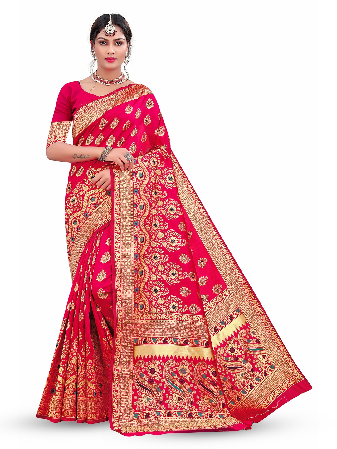

MANVAA Ethnic Motifs Woven Design Zari Banarasi Saree, Red