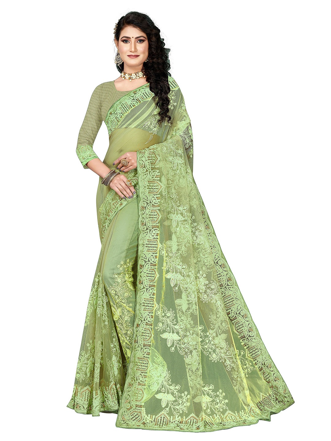 

MANVAA Ethnic Motifs Embroidered Net Saree, Green