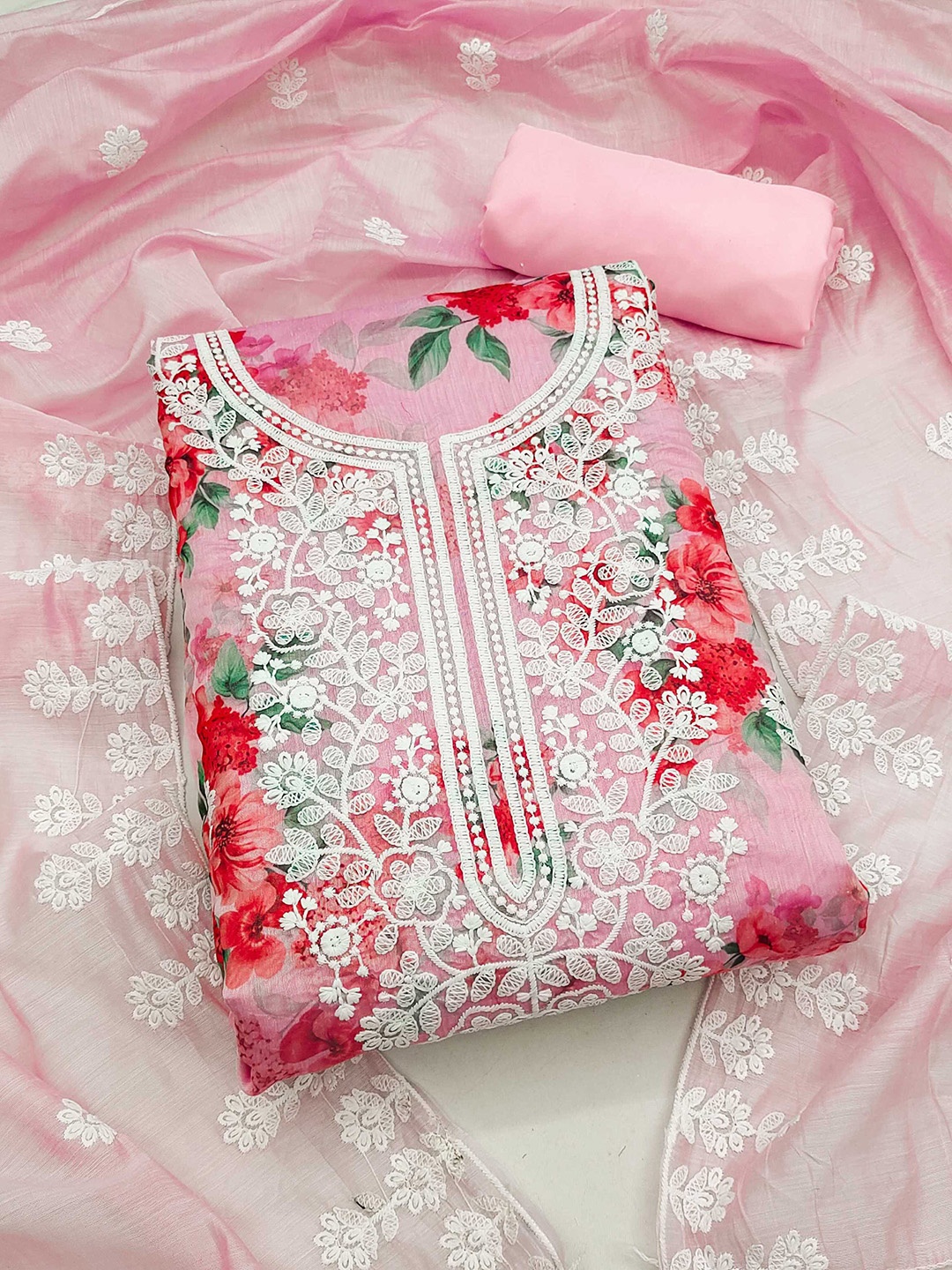 

KALINI Floral Printed Thread Work Chanderi Silk Unstitched Dress Material, Pink