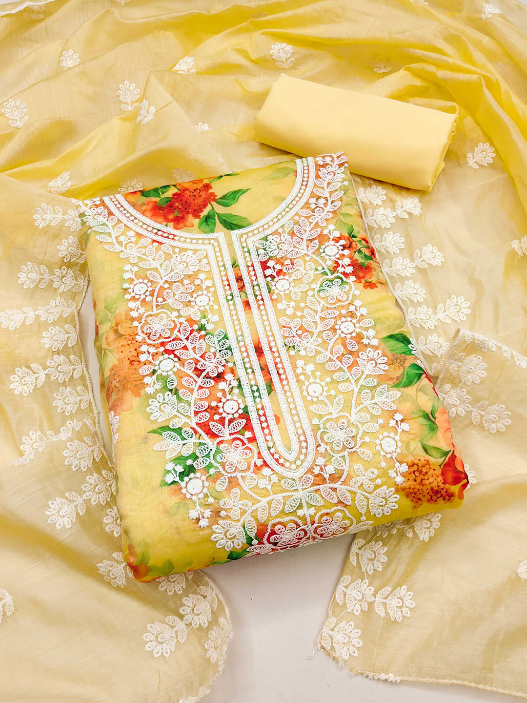 

KALINI Floral Printed Thread Work Chanderi Silk Unstitched Dress Material, Yellow