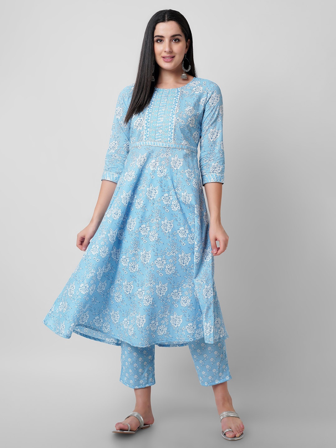 

Oash Floral Printed Thread Work Pure Cotton Kurta With Trousers & Dupatta, Blue