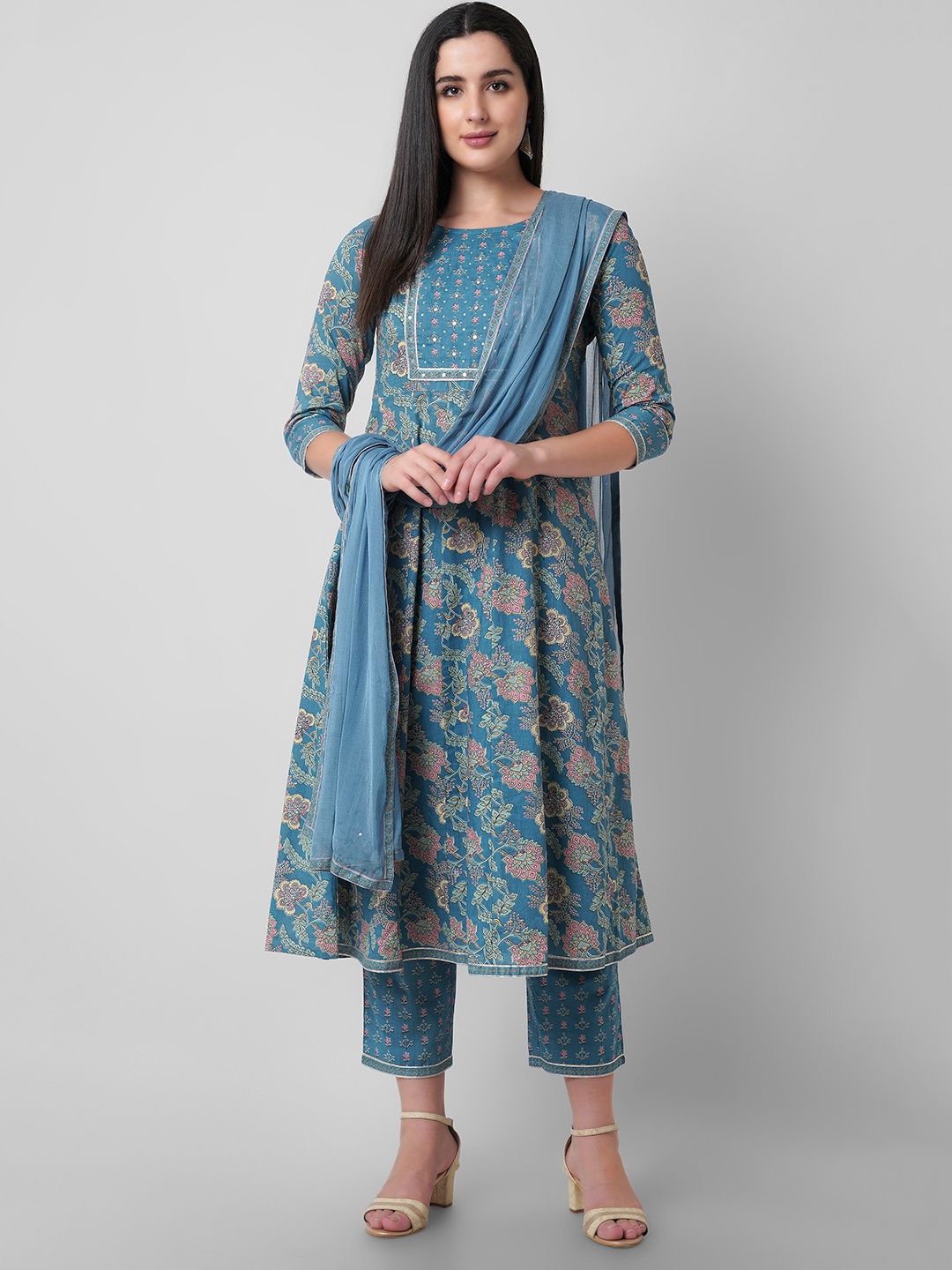 

Oash Floral Printed Sequinned Pure Cotton Kurta With Trouser & Dupatta, Blue