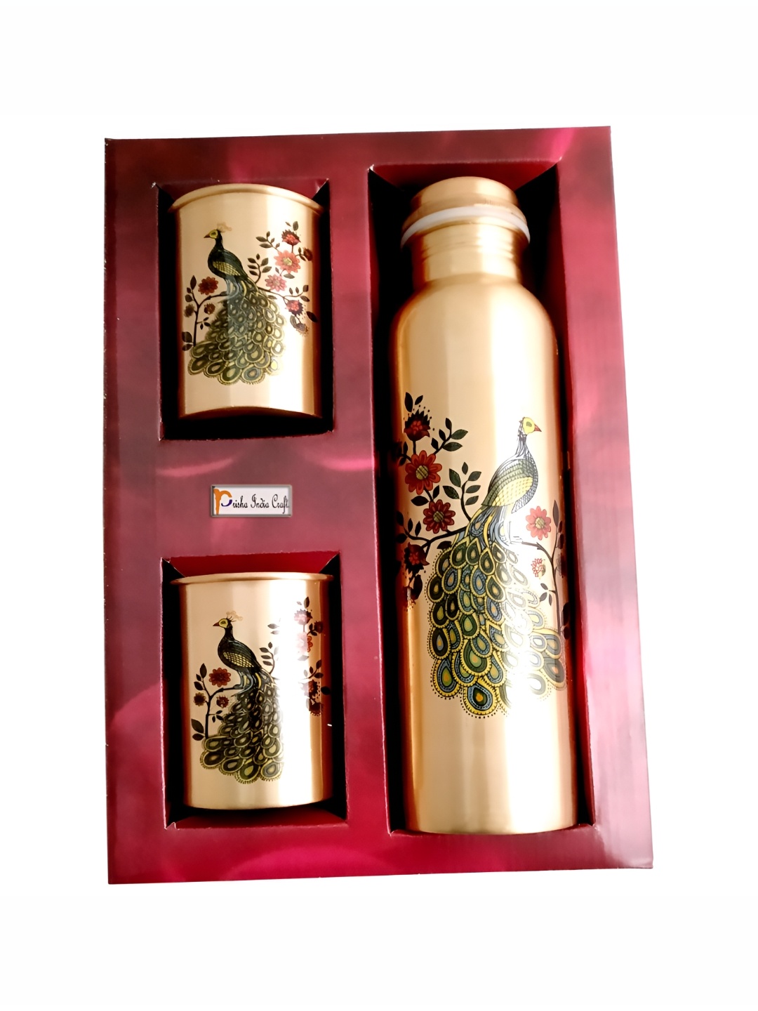 

PRISHA INDIA CRAFT Printed Copper Toned & Green Copper Water Bottle With Glasses