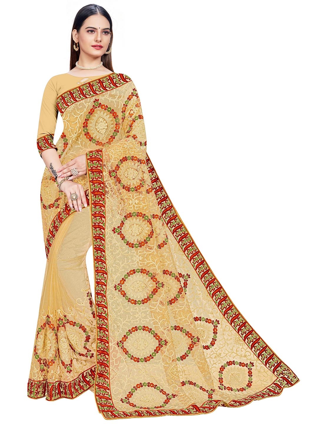 

MANVAA Floral Embellished Embroidered Net Banarasi Saree, Beige