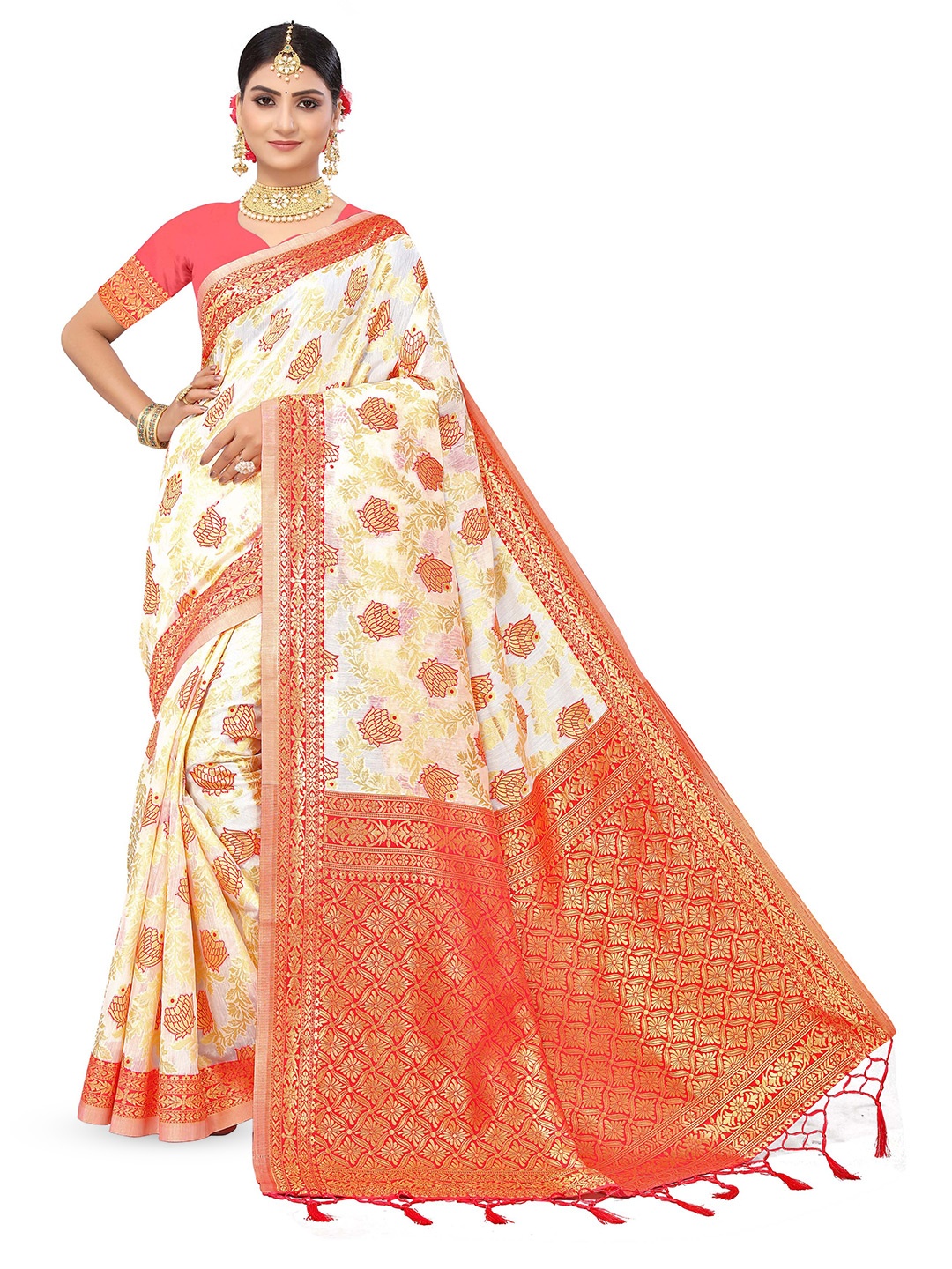 

MANVAA Floral Woven Design Zari Pure Cotton Banarasi Saree, White