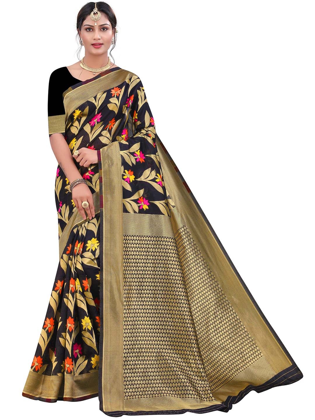 

MANVAA Floral Woven Design Zari Pure Cotton Kanjeevaram Saree, Black