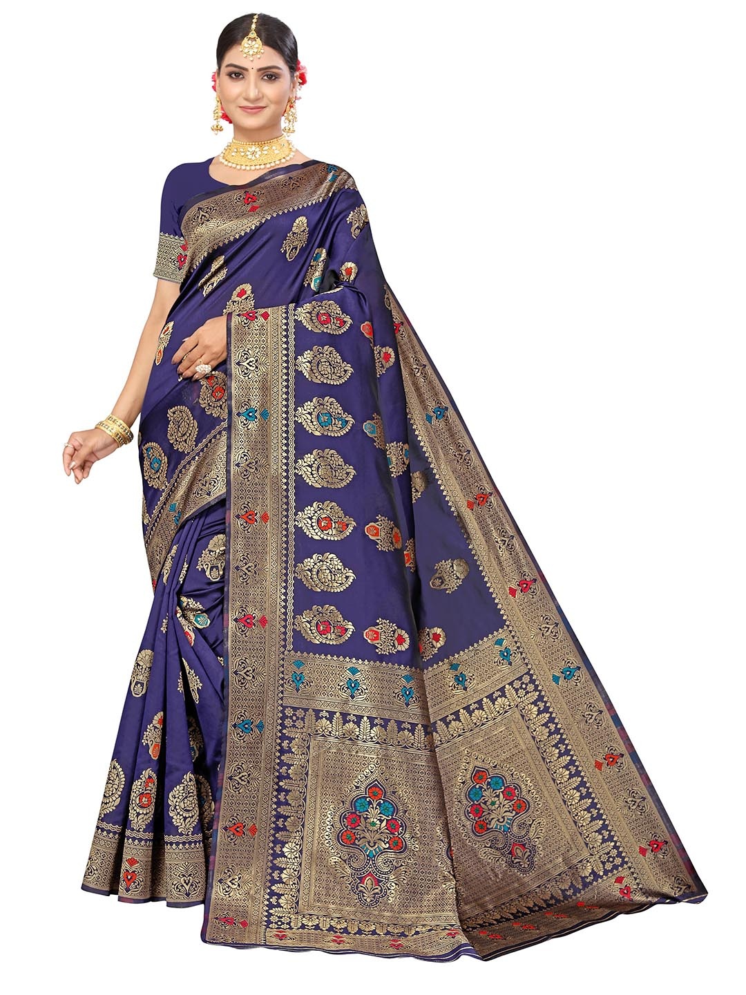 

MANVAA Ethnic Motifs Woven Design Zari Banarasi Saree, Navy blue