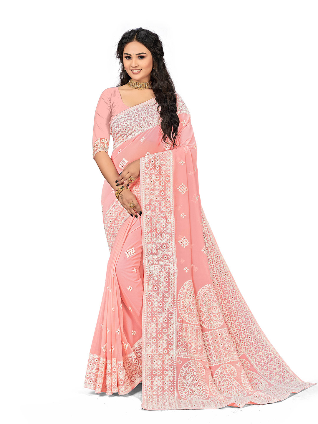 

MANVAA Ethnic Motifs Sequinned Embroidered Saree, Pink