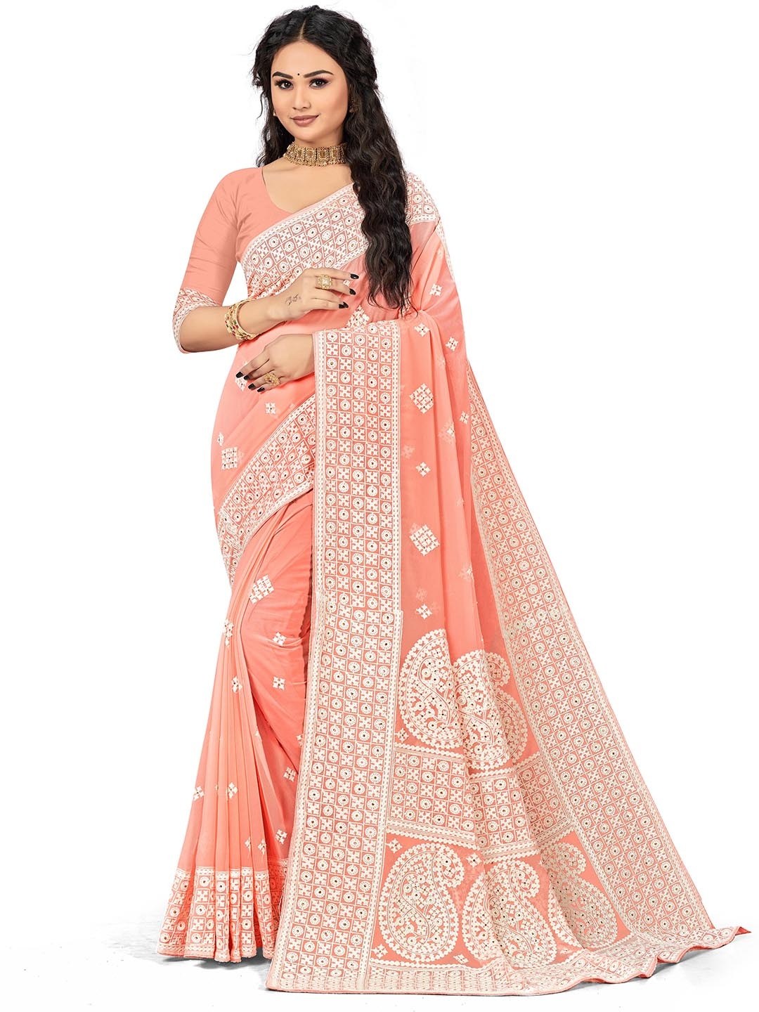 

MANVAA Ethnic Embroidered Saree, Peach