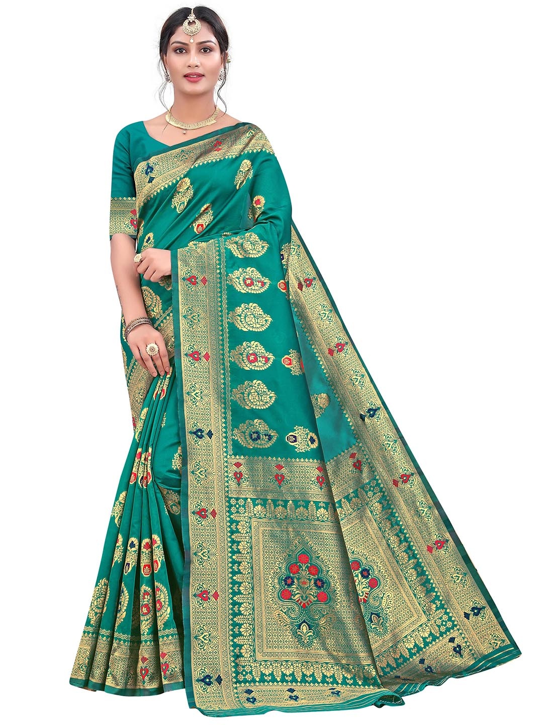 

MANVAA Green & GoldToned Ethnic Woven Design Zari Silk Banarasi Saree