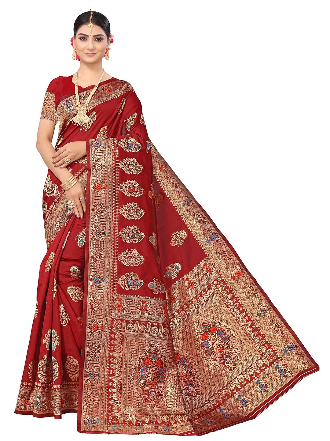 

MANVAA Ethnic Woven Design Zari Kanjeevaram Saree, Maroon