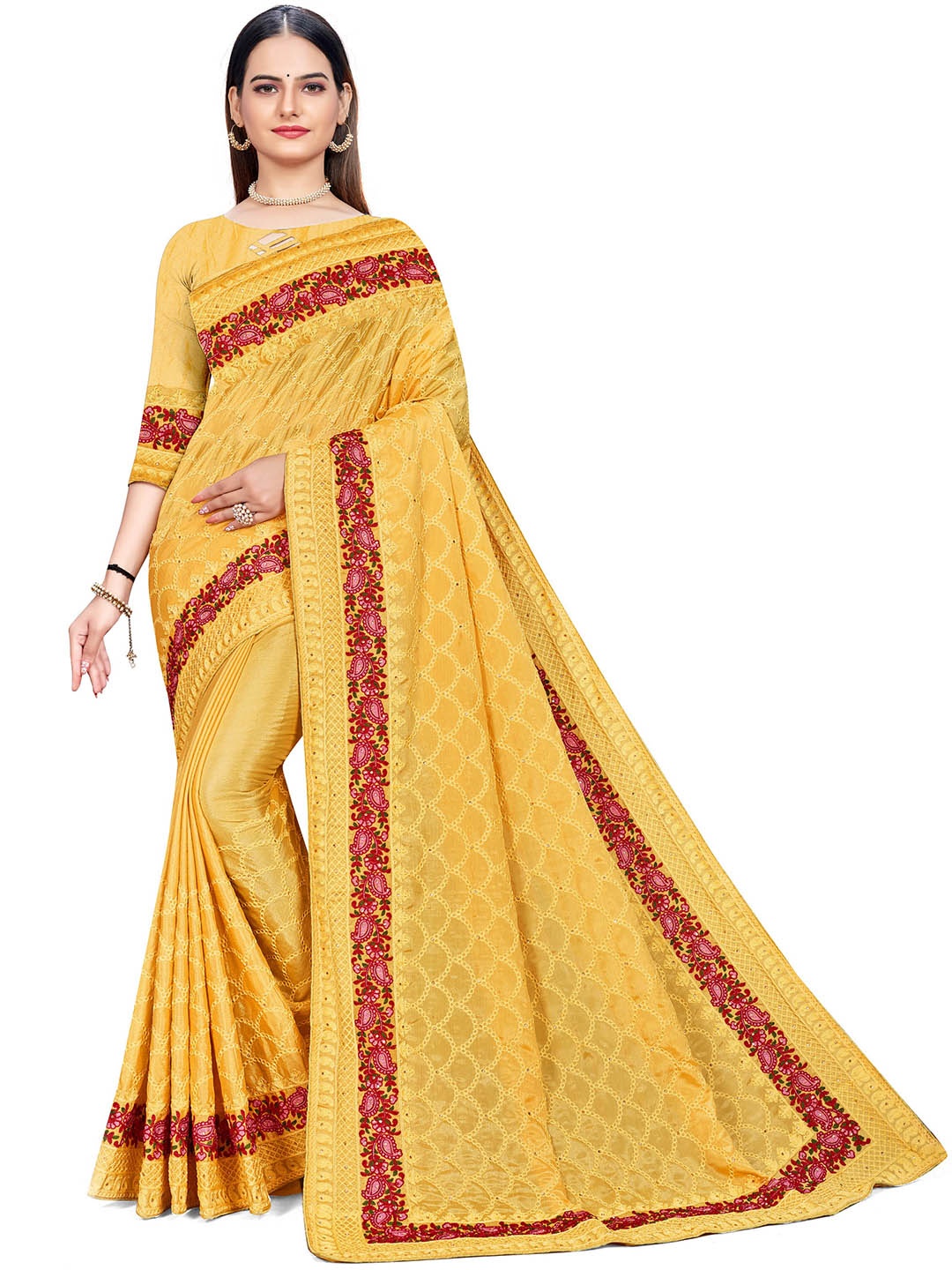 

MANVAA Ethnic Motifs Embellished Embroidered Banarasi Saree, Mustard