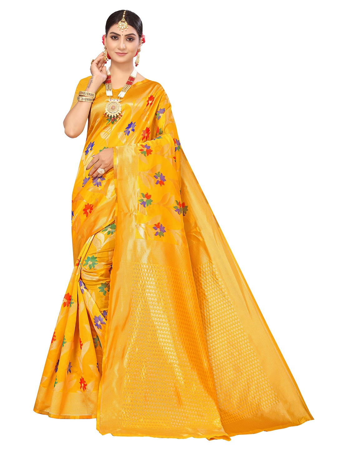 

MANVAA Floral Woven Design Zari Pure Cotton Saree, Yellow