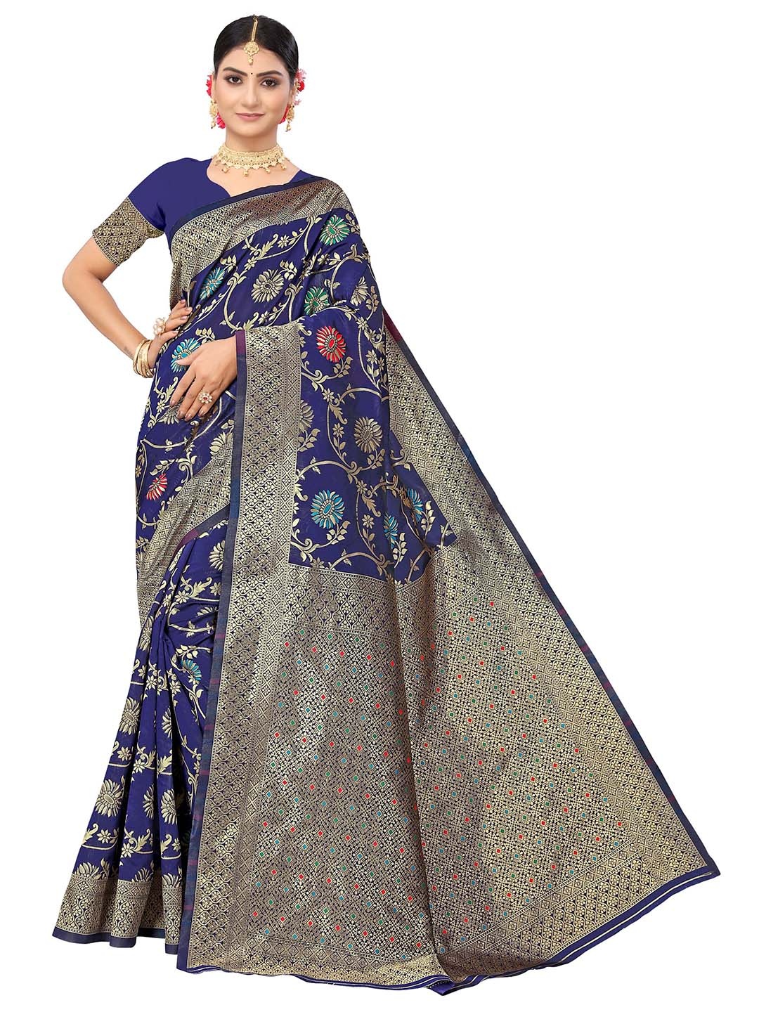 

MANVAA Navy Blue & Gold-Toned Woven Design Zari Banarasi Saree