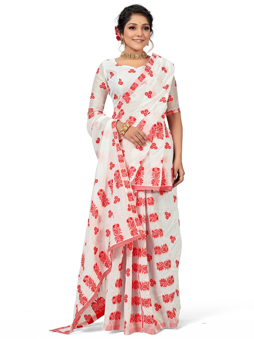 

MANVAA White & Red Ethnic Woven Design Zari Pure Cotton Saree