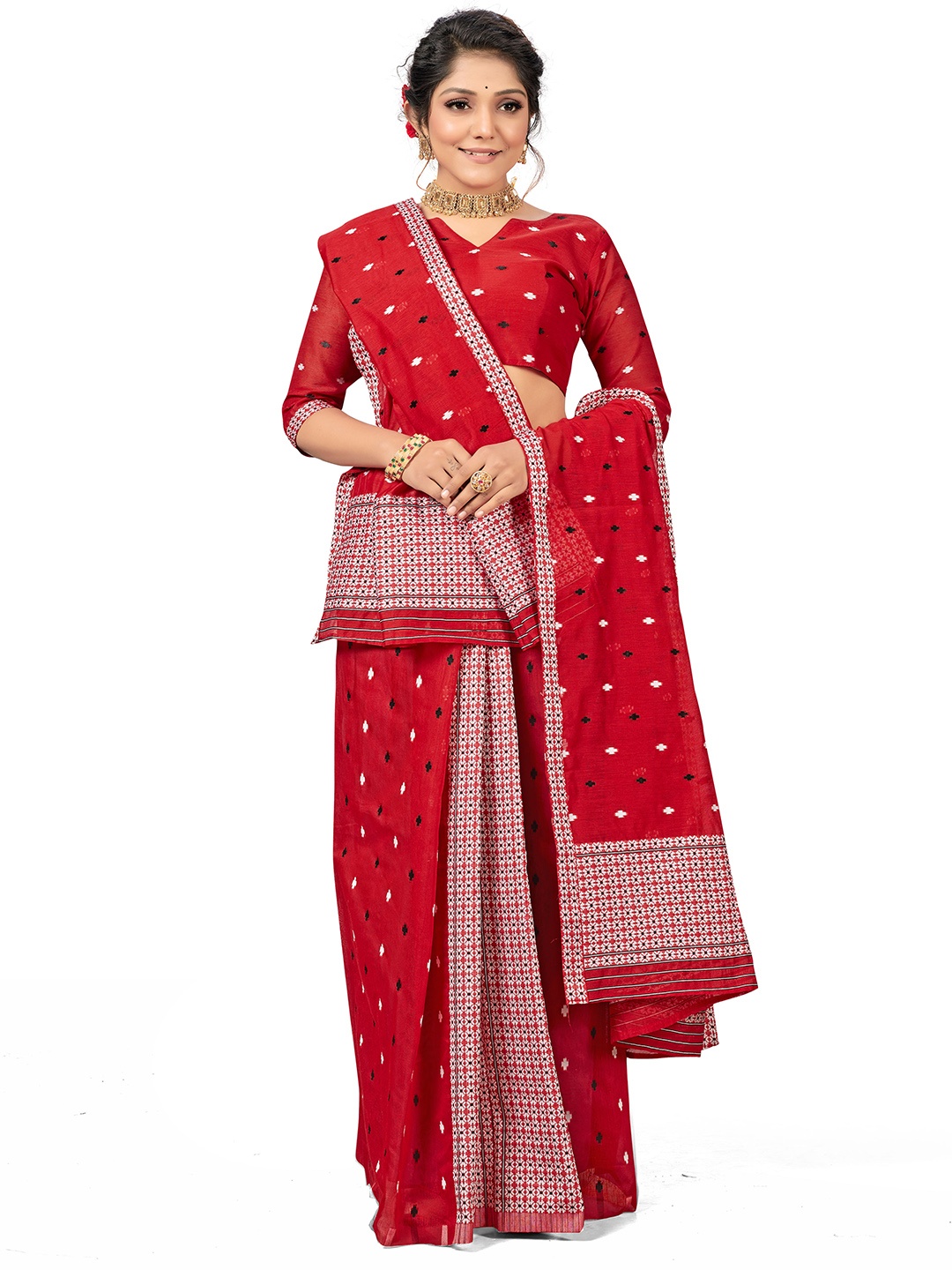 

MANVAA Ethnic Motifs Woven Design Pure Cotton Saree, Red