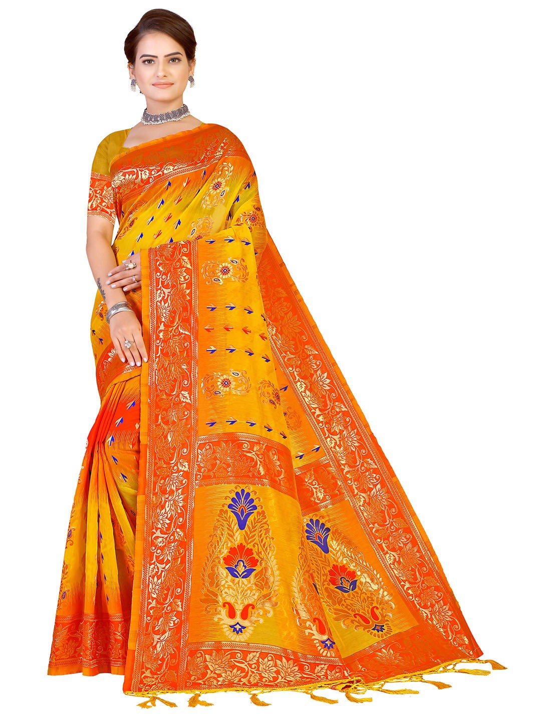 

MANVAA Floral Woven Design Zari Saree, Gold