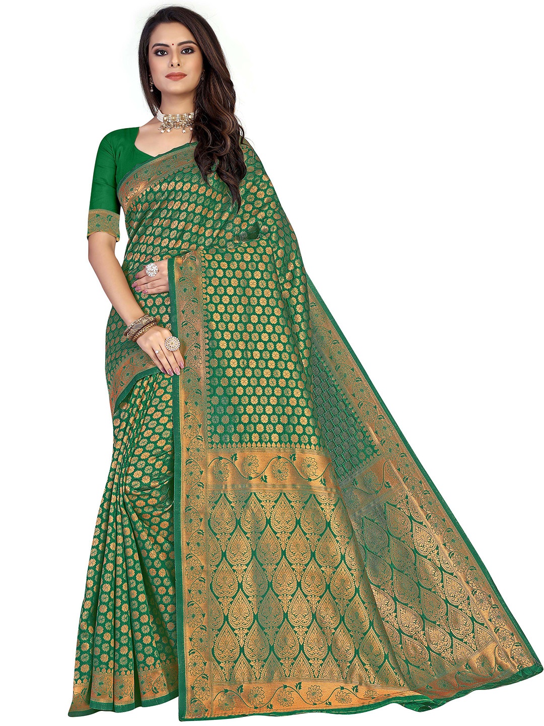 

MANVAA Green & GoldToned Floral Zari Silk Saree