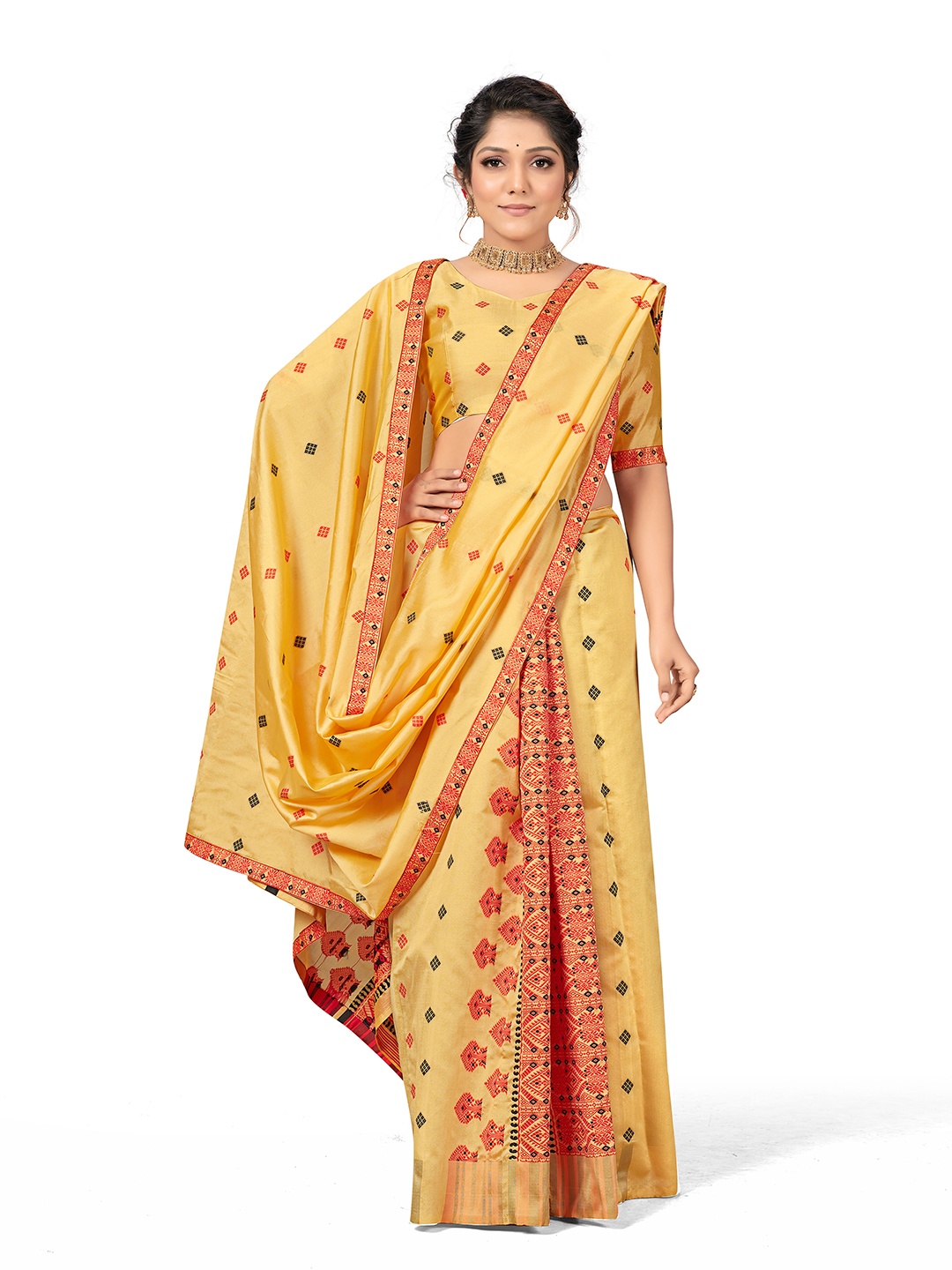 

MANVAA Geometric Woven Design Pure Cotton Saree, Yellow