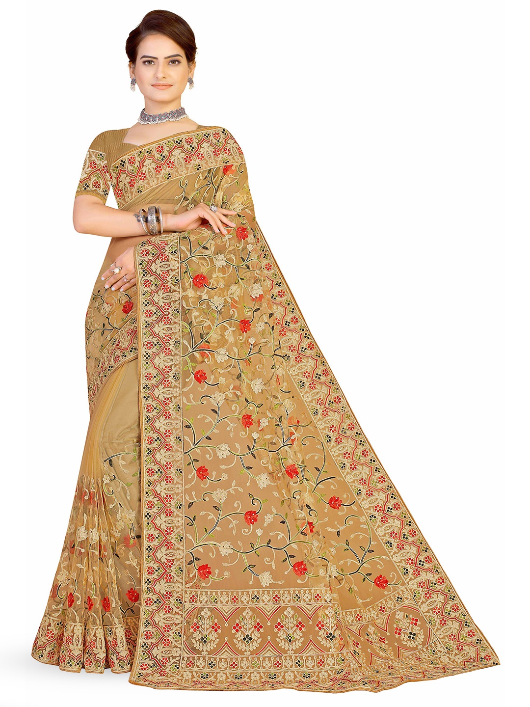

MANVAA Floral Embroidered Embellished Net Saree, Beige