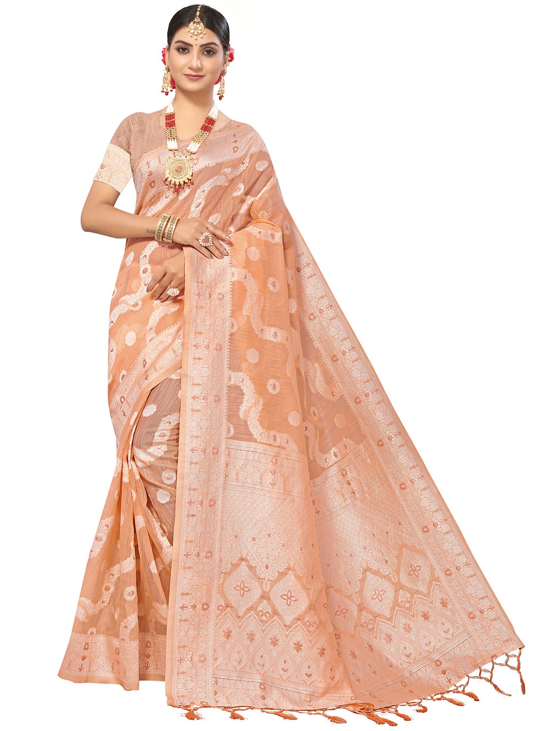 

MANVAA Ethnic Motifs Woven Design Zari Pure Cotton Saree, Peach