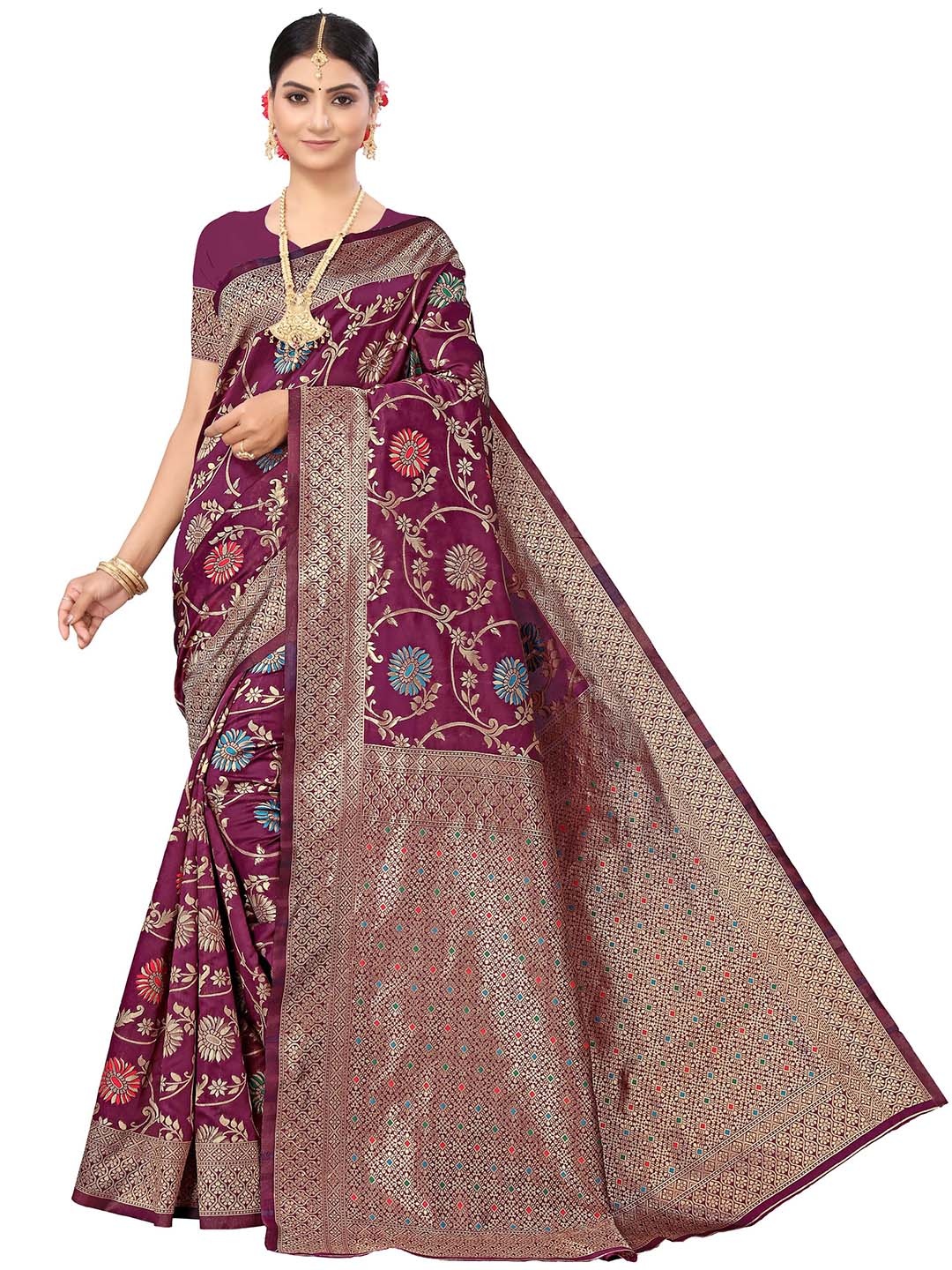 

MANVAA Floral Woven Design Zari Banarasi Saree, Violet
