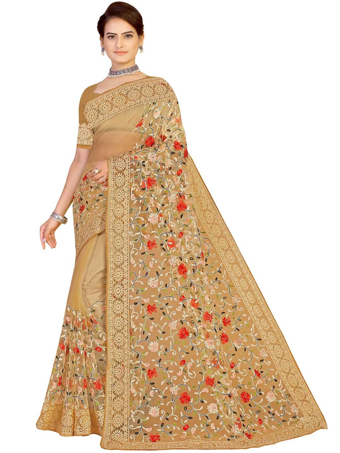 

MANVAA Floral Embroidered Net Saree, Beige