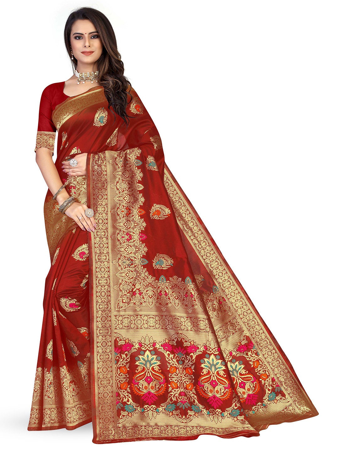 

MANVAA Floral Woven Design Zari Banarasi Saree, Maroon