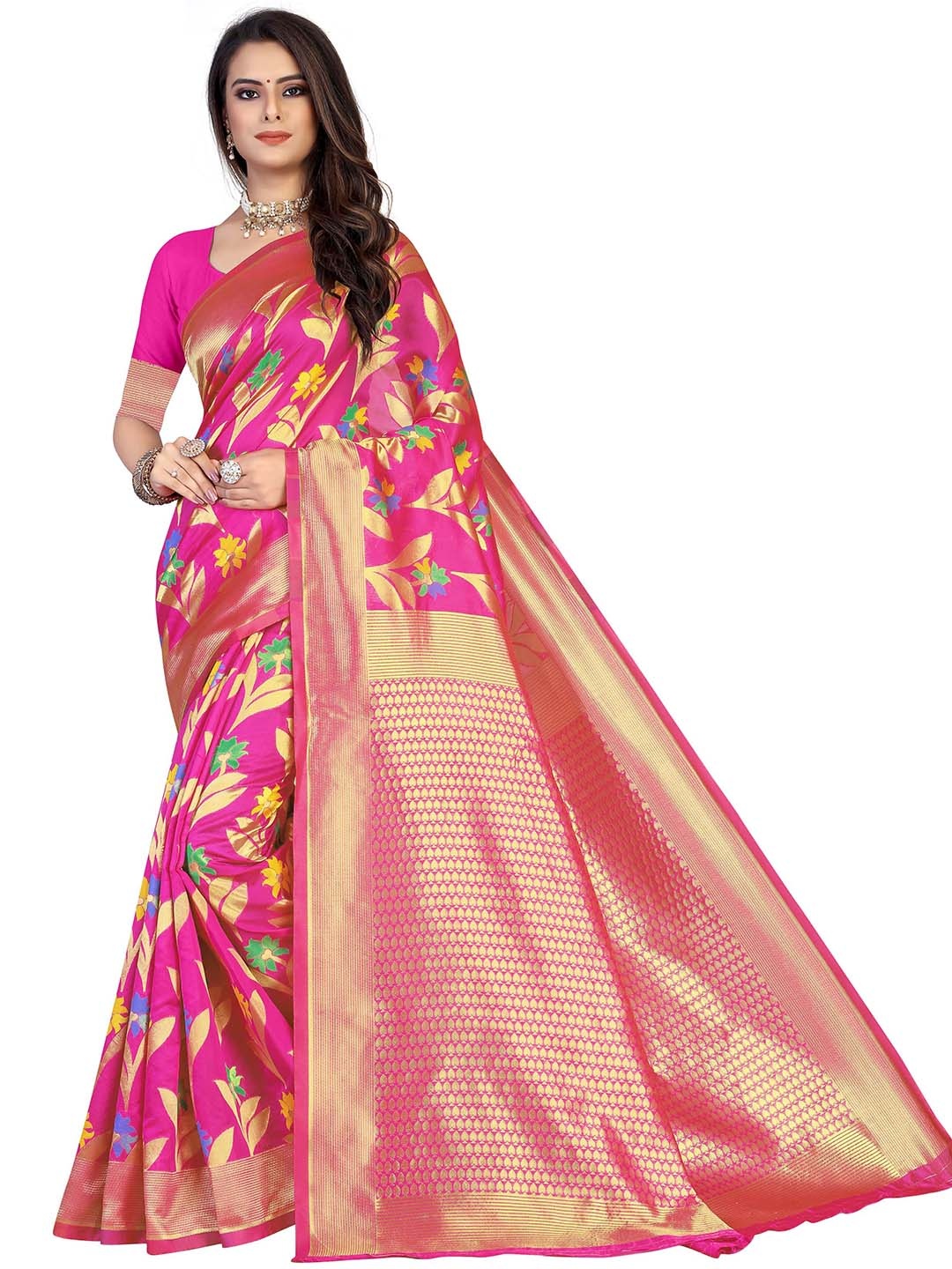 

MANVAA Ethnic Motifs Woven Design Zari Pure Cotton Kanjeevaram Saree, Pink