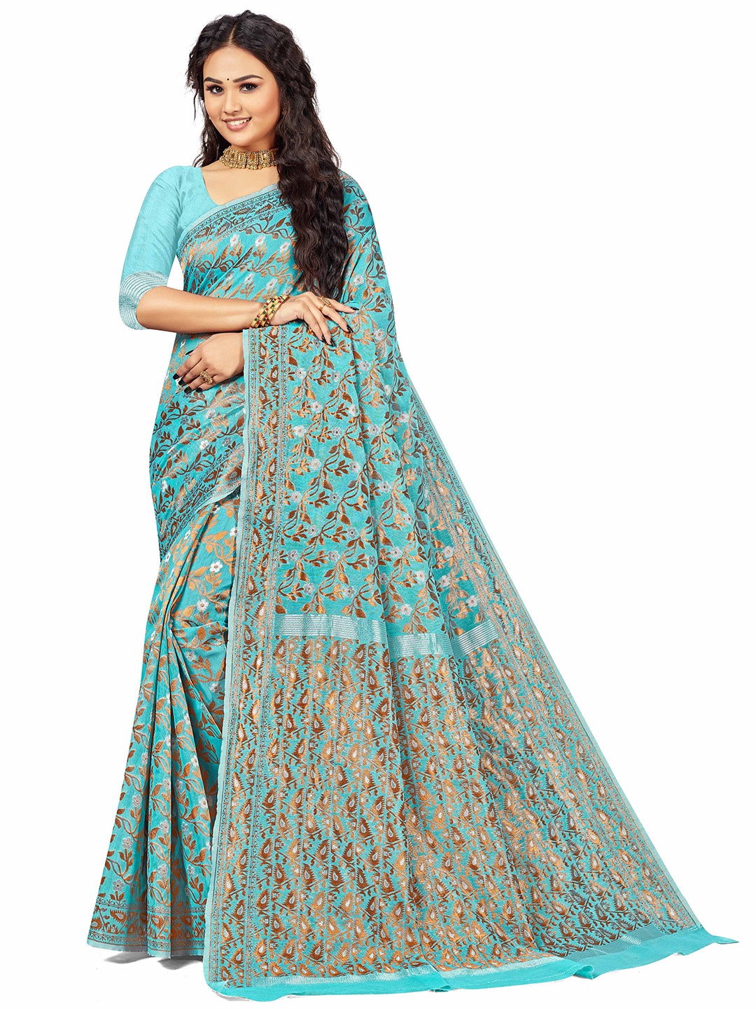 

MANVAA Blue & GoldToned Ethnic Woven Design Zari Pure Cotton Saree