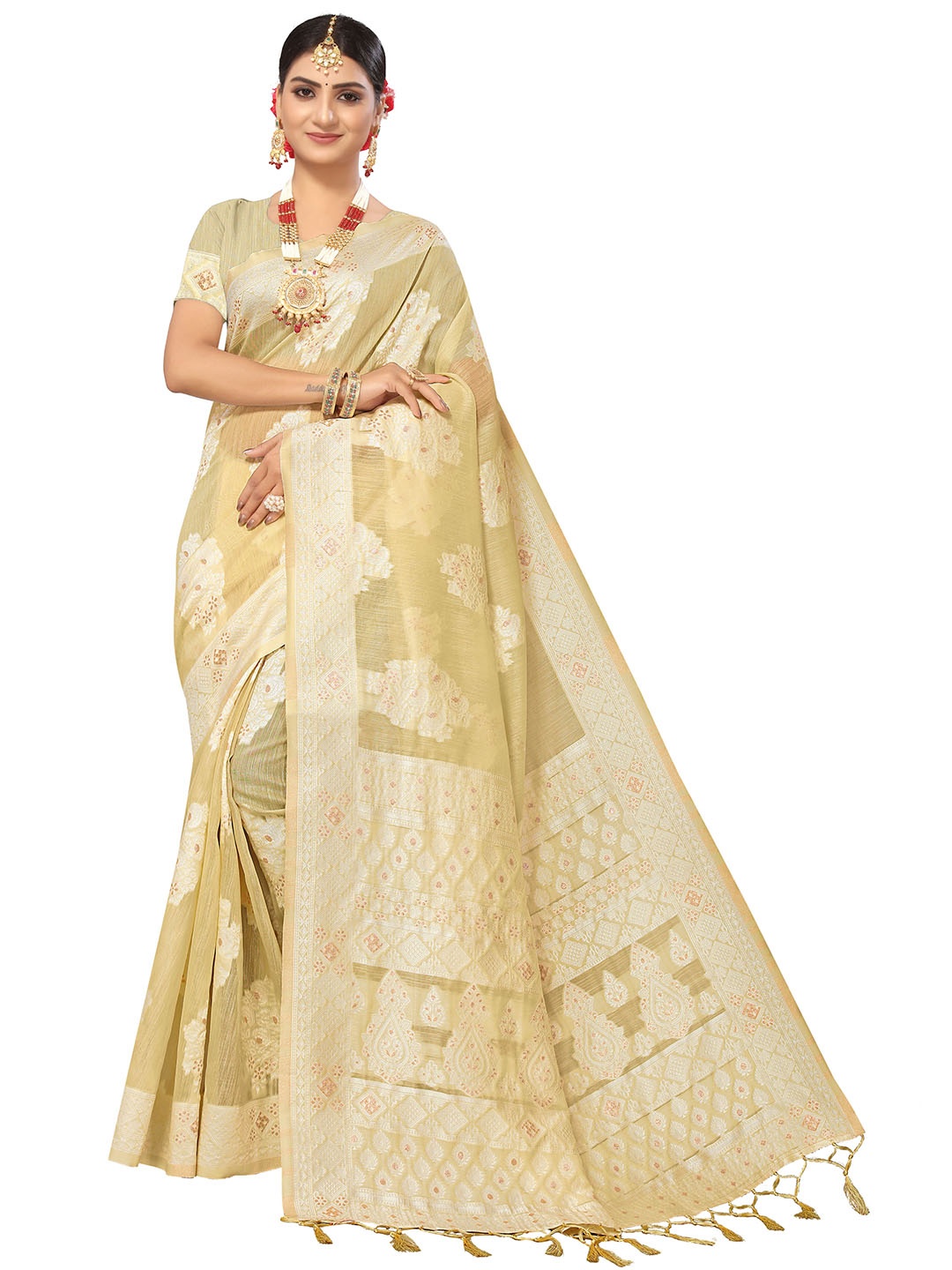 

MANVAA Ethnic Woven Design Zari Pure Cotton Saree, Beige