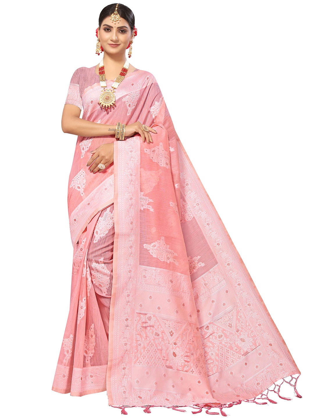 

MANVAA Ethnic Motifs Woven Design Zari Pure Cotton Banarasi Saree, Pink