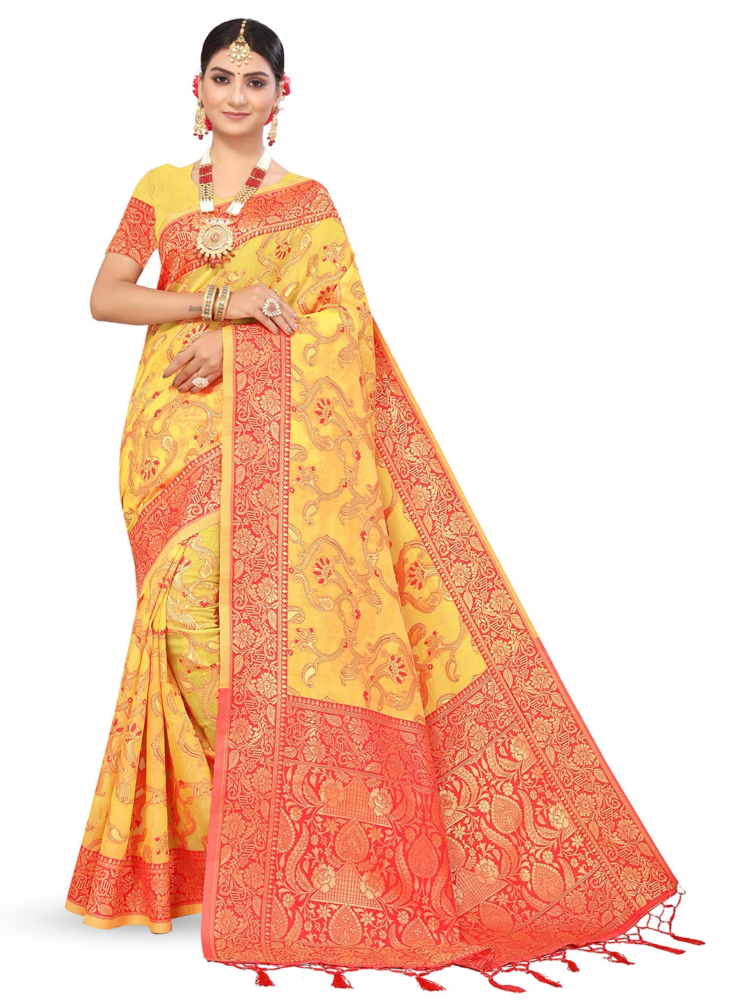 

MANVAA Floral Floral Woven Design Zari Pure Cotton Kanjeevaram Saree, Gold