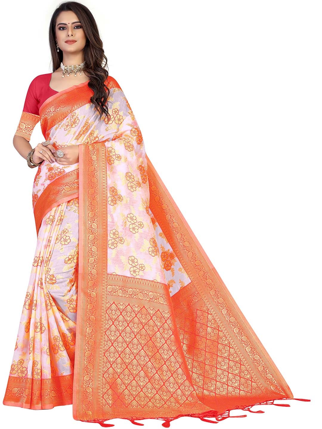 

MANVAA Ethnic Woven Design Zari Banarasi Saree, White