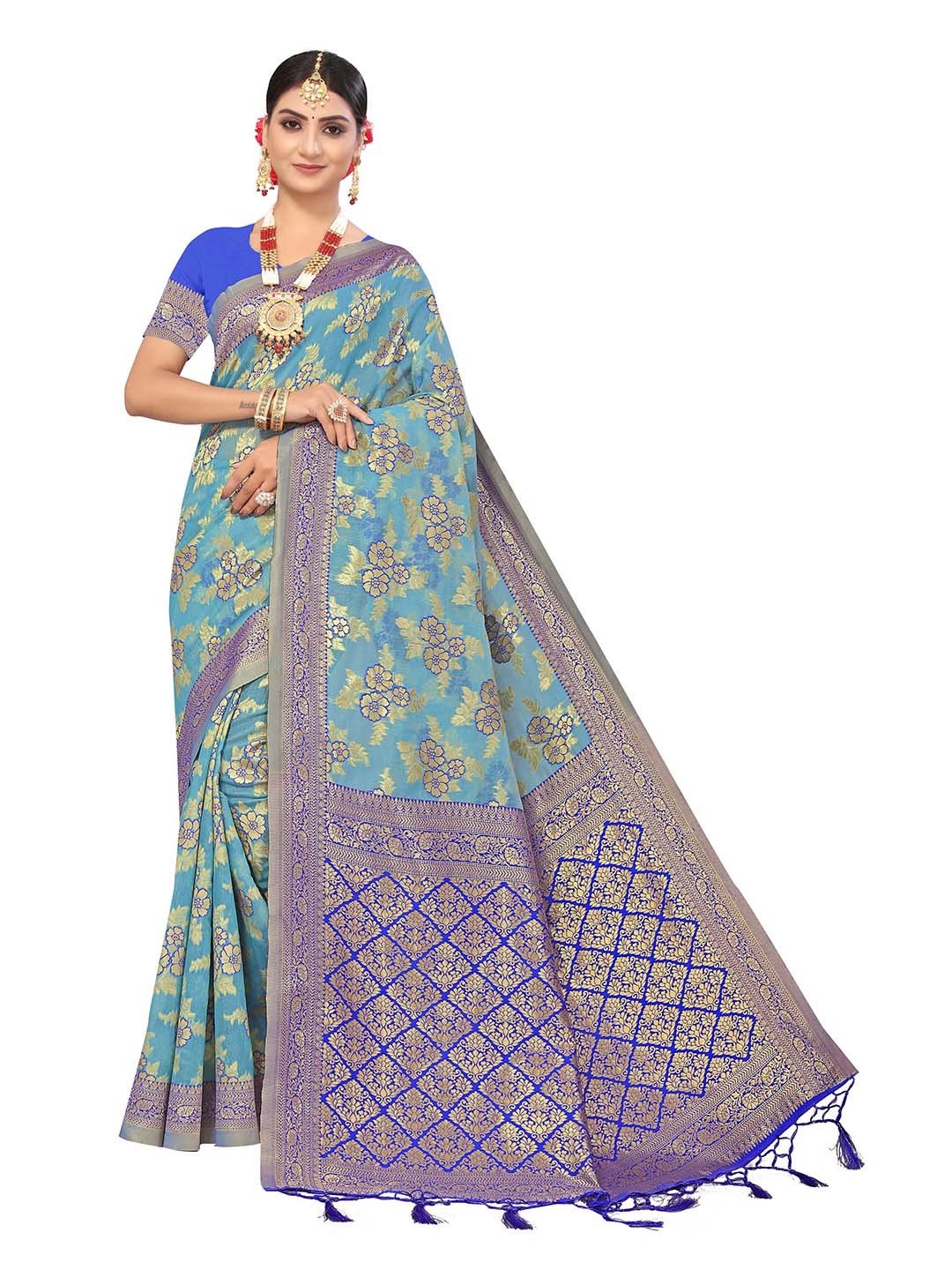 

MANVAA Floral Woven Design Zari Pure Cotton Banarasi Saree, Blue
