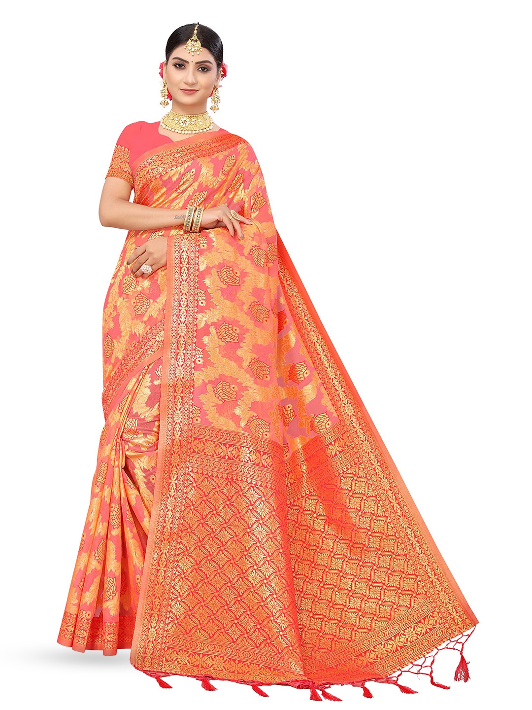 

MANVAA Floral Zari Pure Cotton Kanjeevaram Saree, Peach