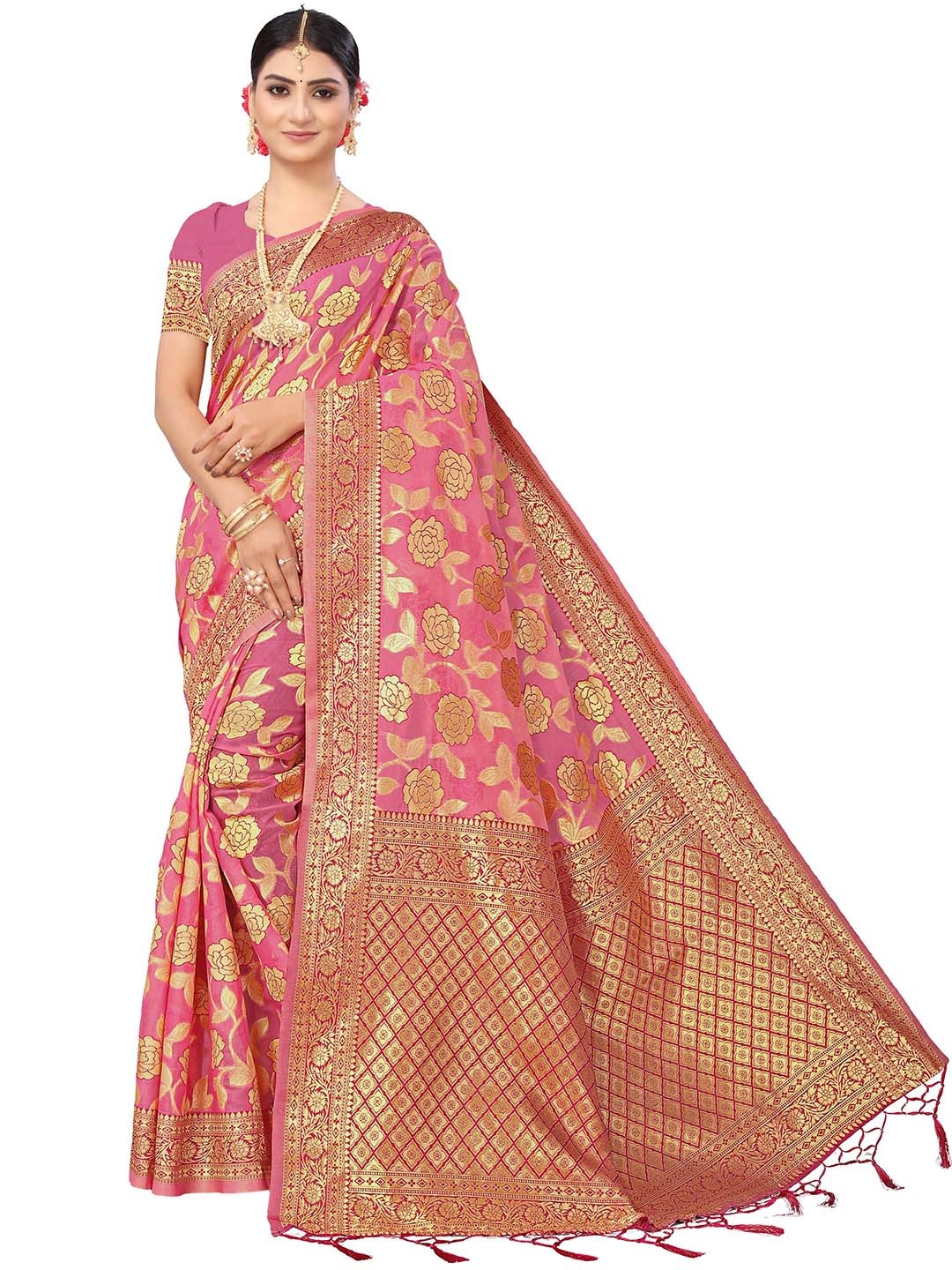 

MANVAA Pink & GoldToned Ethnic Woven Design Zari Pure Cotton Kanjeevaram Saree