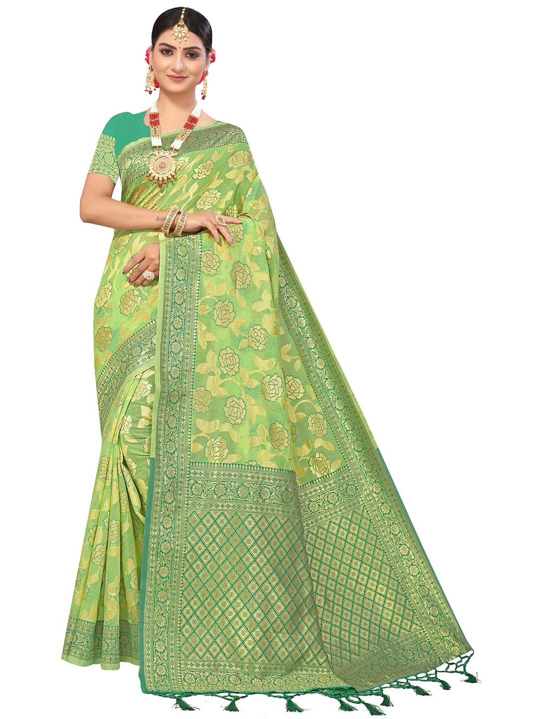 

MANVAA Woven Design Zari Pure Cotton Kanjeevaram Saree, Green