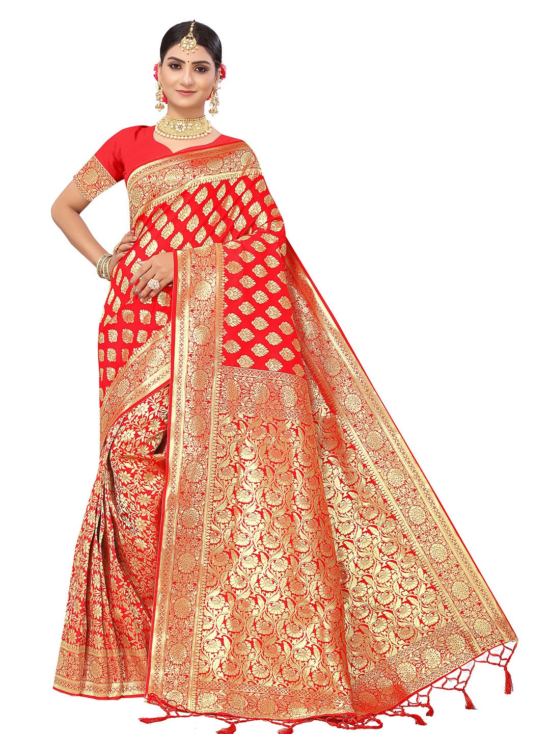 

MANVAA Ethnic Motifs Woven Design Zari Saree, Red