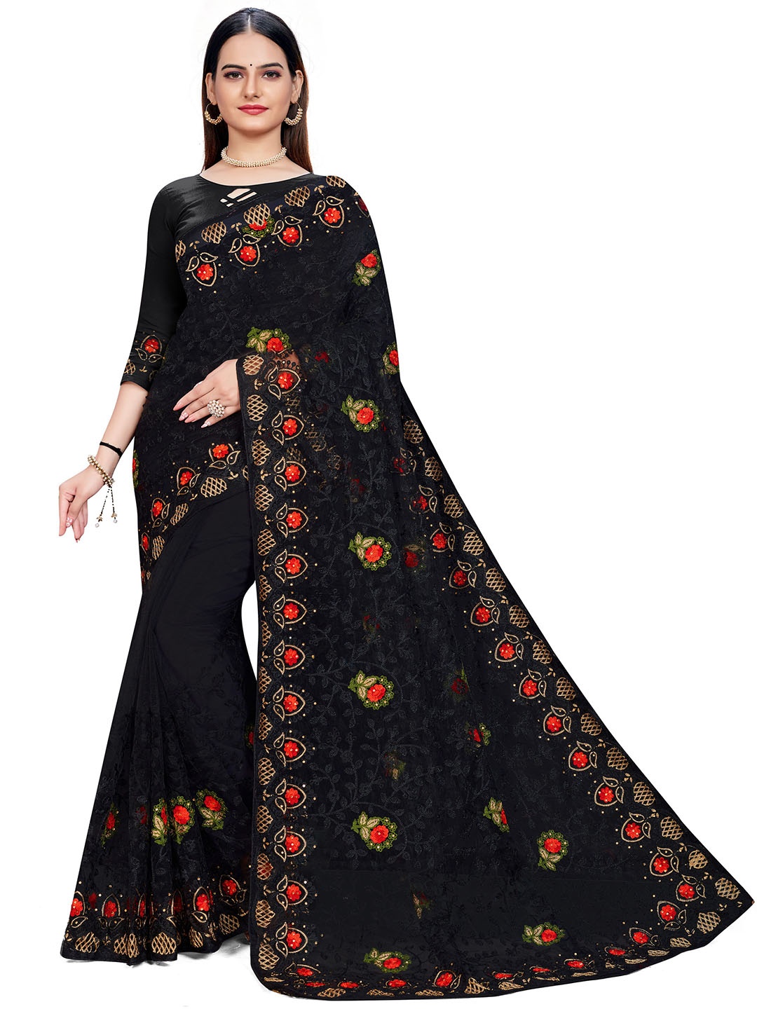 

MANVAA Floral Embellished Embroidered Net Saree, Black