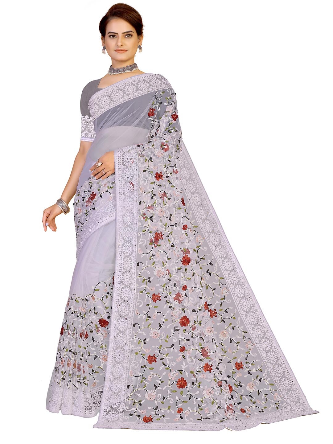 

MANVAA Floral Embroidered Net Saree, Grey