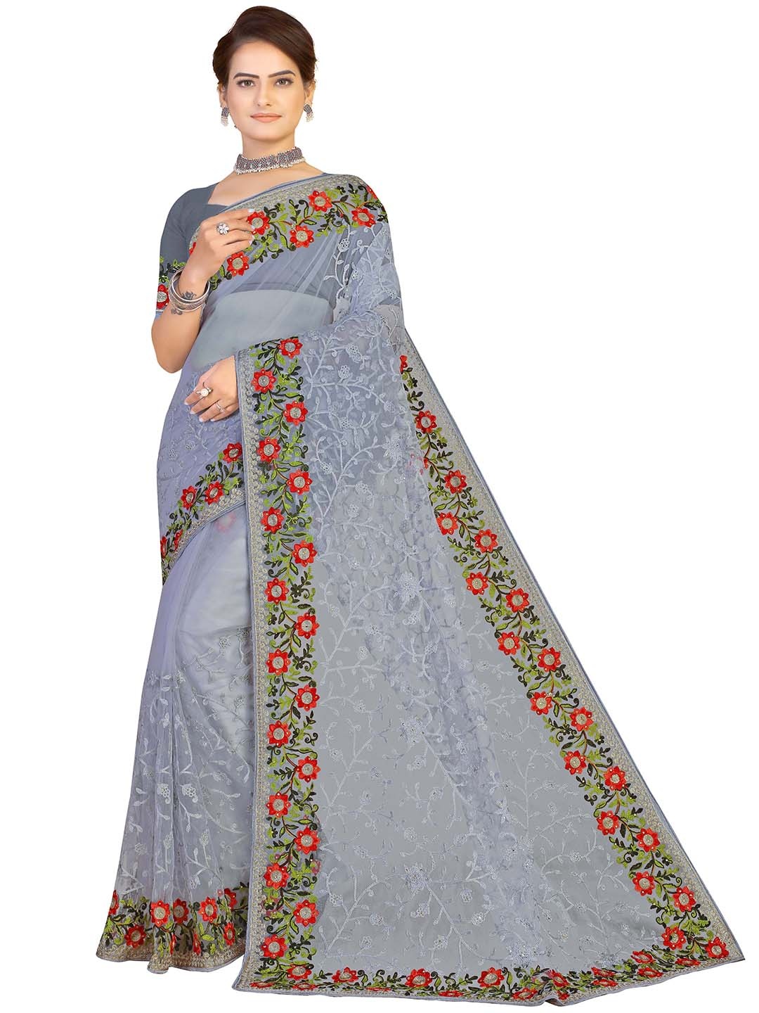 

MANVAA Floral Embroidered Embellished Net Saree, Grey