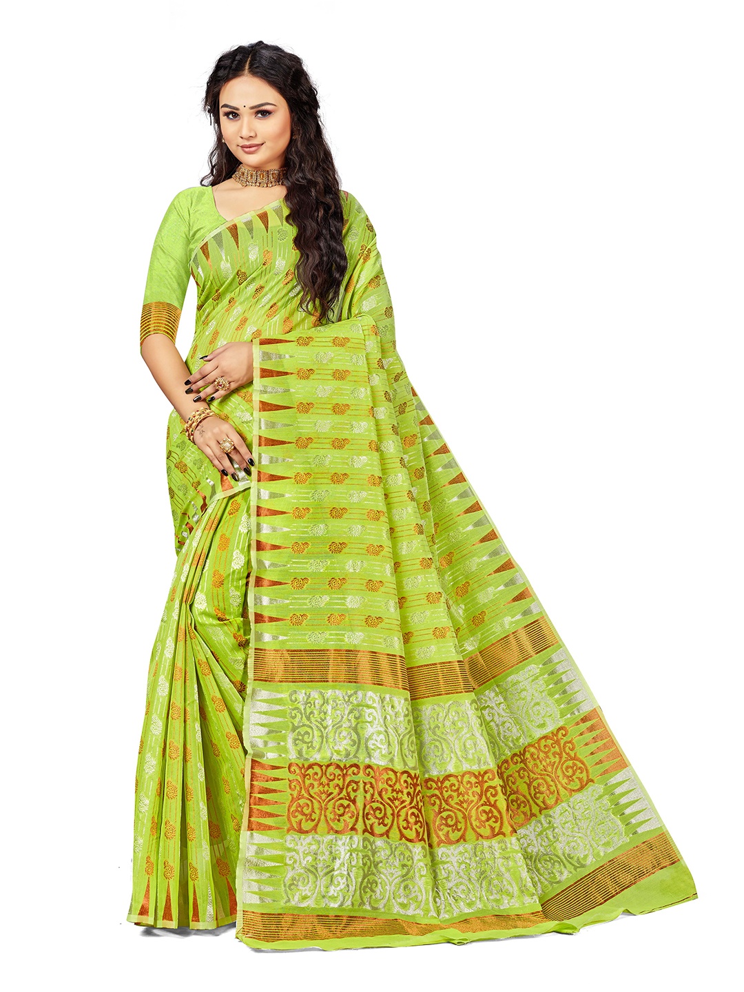 

MANVAA Ethnic Motifs Woven Design Zari Pure Cotton Saree, Green