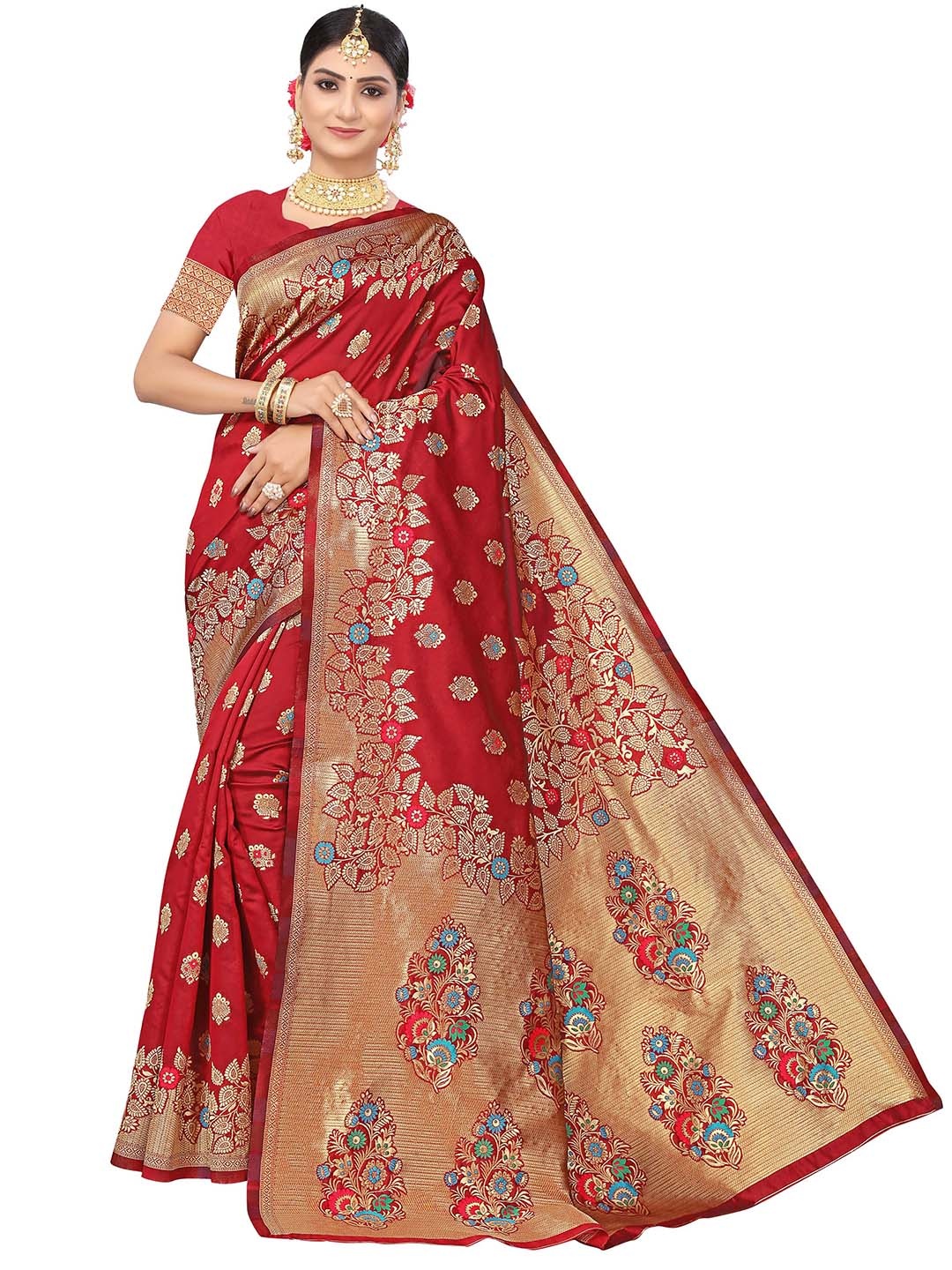

MANVAA Maroon & Green Ethnic Woven Design Zari Silk Banarasi Saree
