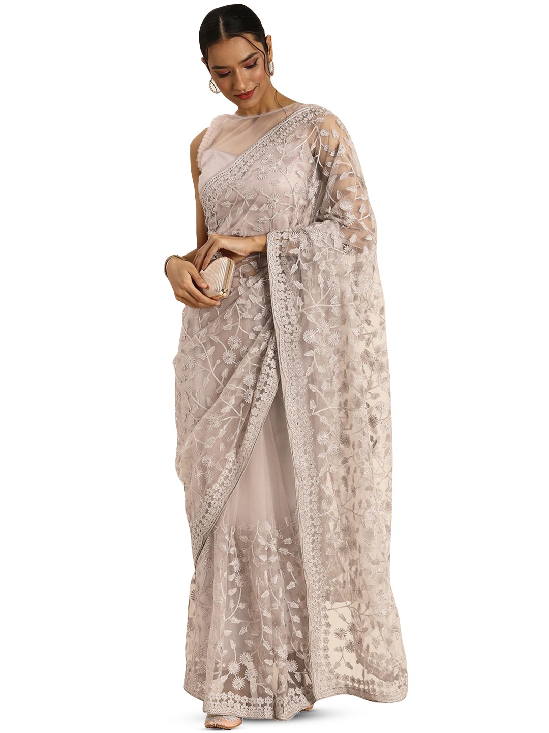 

MANVAA Floral Embroidered Beads And Stones Net Saree, Beige